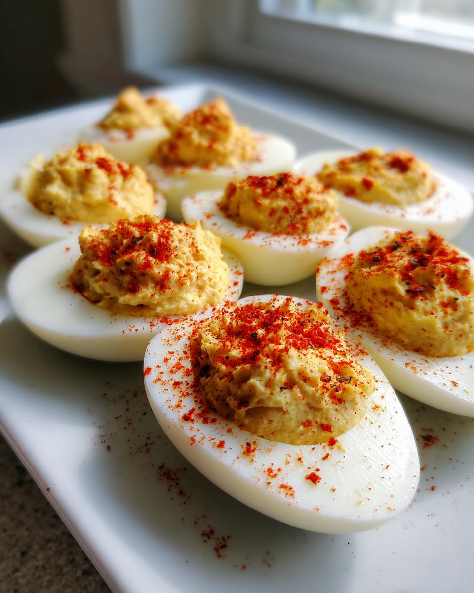 A plate of perfectly prepared deviled egg halves, filled with creamy yolk mixture and sprinkled with bright red paprika.