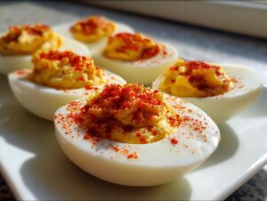 Close-up of several deviled egg halves filled with creamy yolk mixture and sprinkled generously with red paprika.