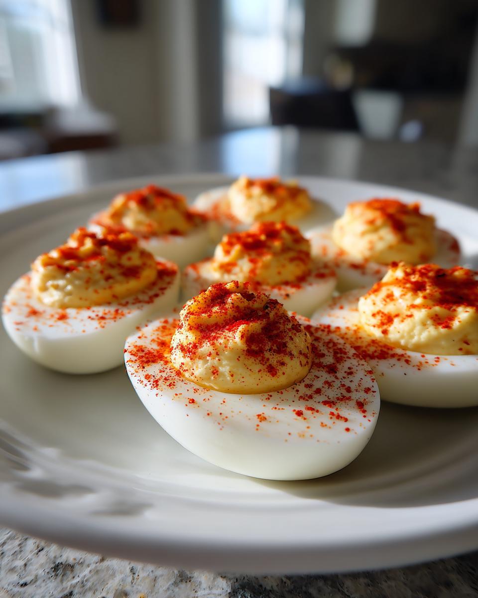Close-up of several deviled egg halves topped with creamy yolk filling and sprinkled with paprika.