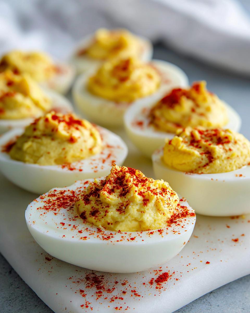 Close-up of creamy deviled egg halves topped with paprika, showcasing the perfect egg filling.