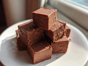 A stack of rich, dark chocolate fudge squares resting on a white plate, beautifully lit by natural light.
