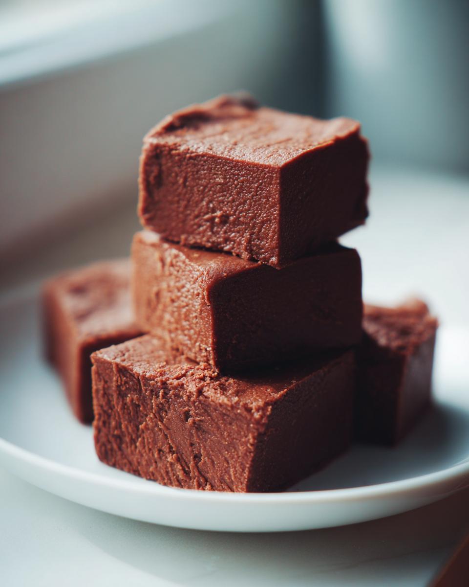 Close-up of rich, dark chocolate fudge squares stacked on a white plate, highlighting the smooth texture of the fudge.