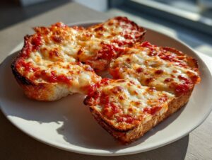 Three halves of golden-brown english muffin pizza topped with melted, bubbly mozzarella cheese and tomato sauce.