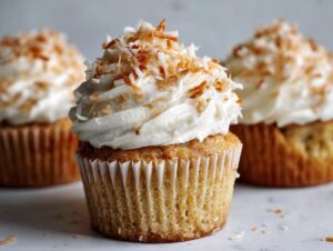 A close-up of one perfectly frosted coconut cupcake topped with toasted coconut flakes, with two more in the background.