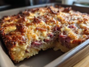 Close-up of a freshly baked homemade Reuben bake with a golden, bubbly cheese crust and visible corned beef pieces.