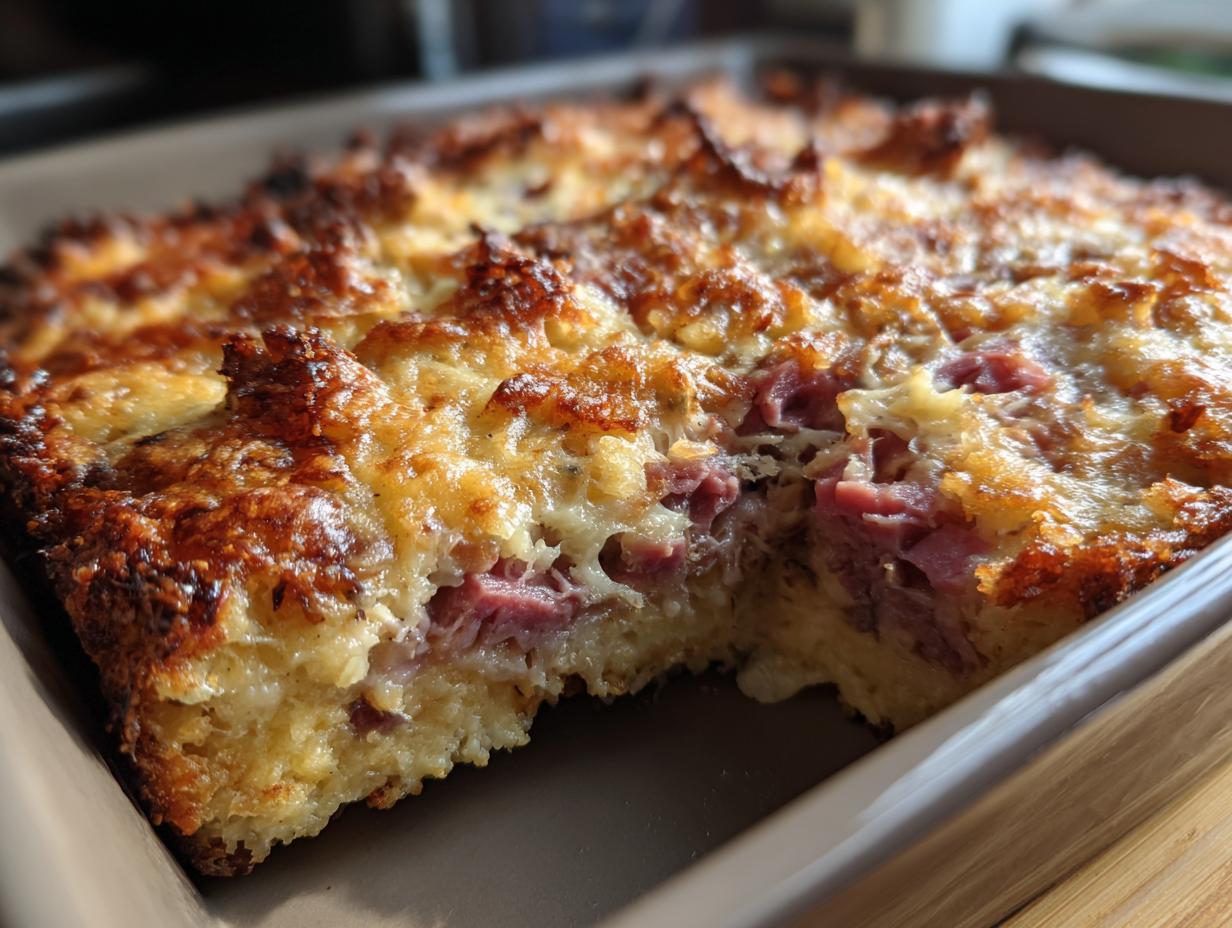 Close-up of a freshly baked homemade Reuben bake with a golden, bubbly cheese crust and visible corned beef pieces.