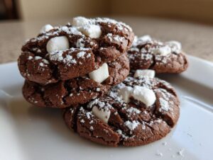 A stack of rich, dark chocolate hot chocolate cookies topped with mini marshmallows and powdered sugar.