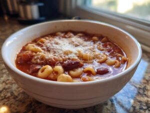 Close-up of a white bowl filled with rich, tomato-based pasta fagioli topped with grated Parmesan cheese.