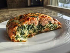 Close-up of a baked stuffed salmon fillet showing pink fish and creamy spinach filling, topped with melted cheese.