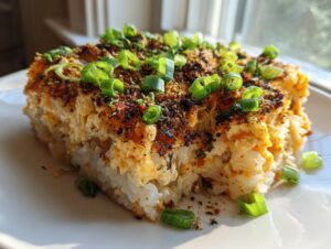 A close-up slice of baked sushi bake showing layers of rice and creamy topping, sprinkled generously with furikake and green onions.