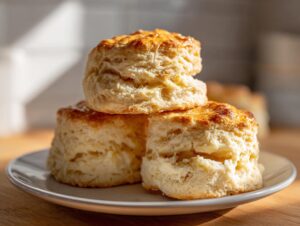Three golden-brown, flaky scones stacked on a small white plate, highlighting their buttery layers.