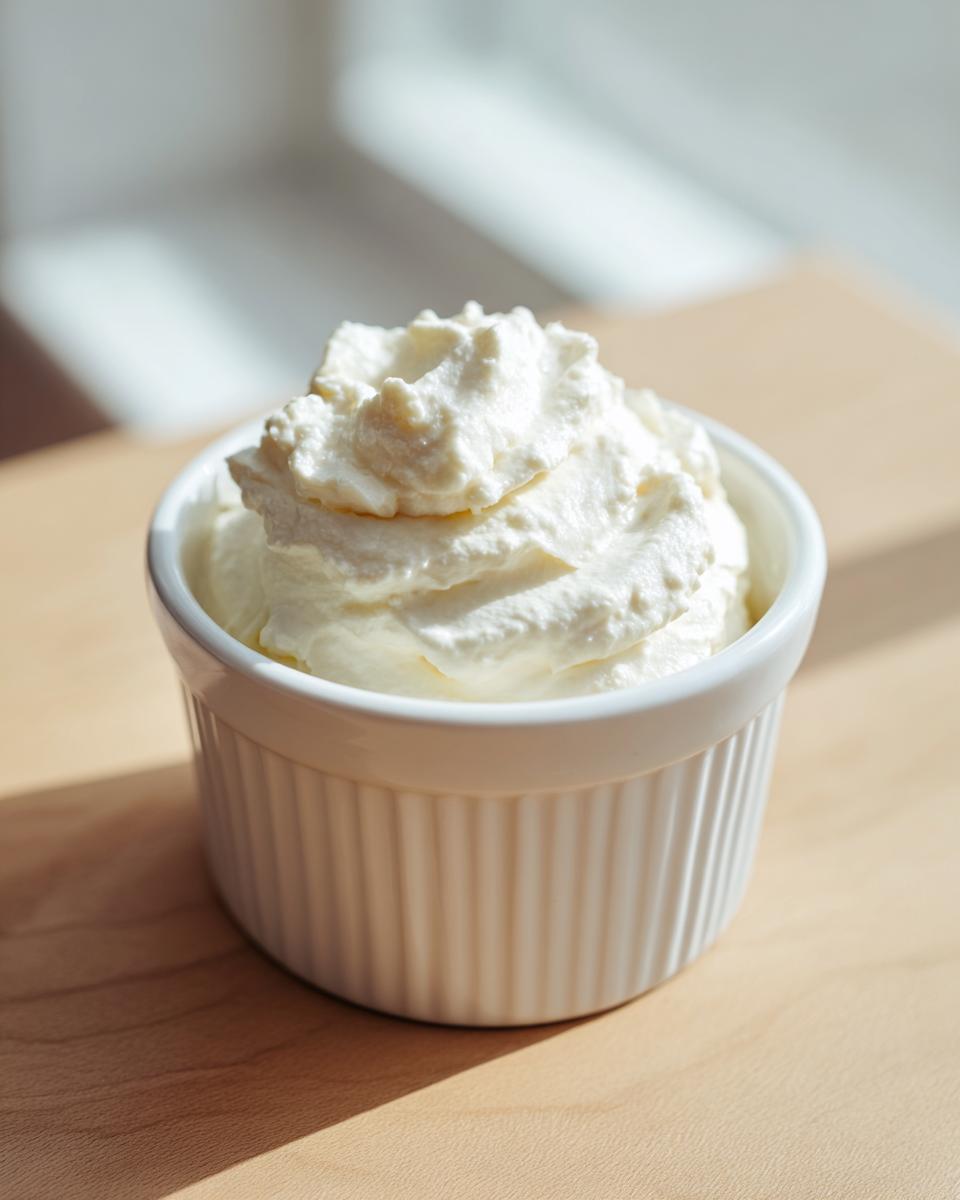 A small white ramekin filled with fluffy, freshly whipped creamy horseradish sauce, set on a light wooden surface.