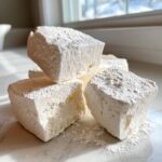 Close-up of several large, fluffy homemade marshmallows dusted heavily with white powdered sugar.