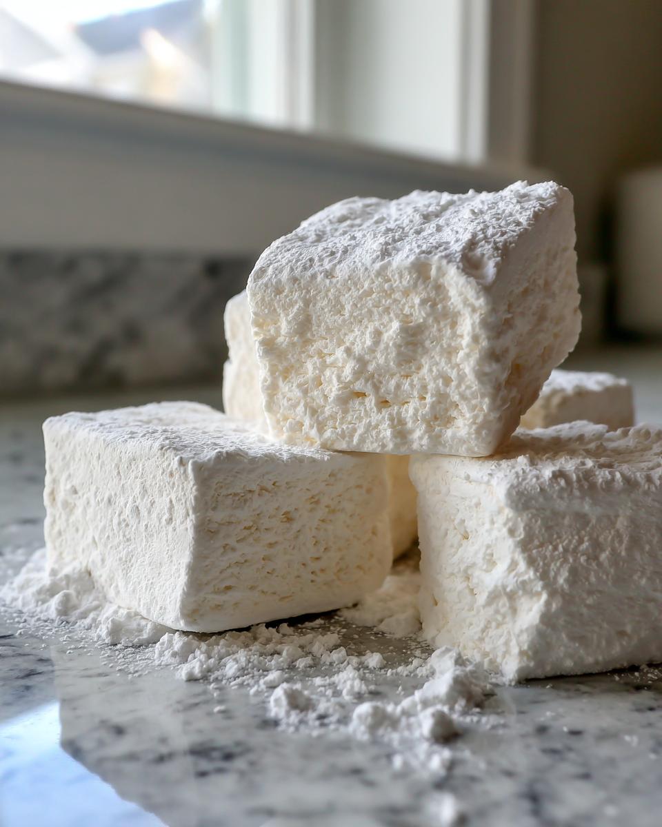 Close-up of several large, fluffy homemade marshmallows dusted heavily with powdered sugar on a marble countertop.