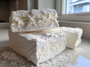 Close-up of three fluffy, square homemade marshmallows heavily dusted with powdered sugar.