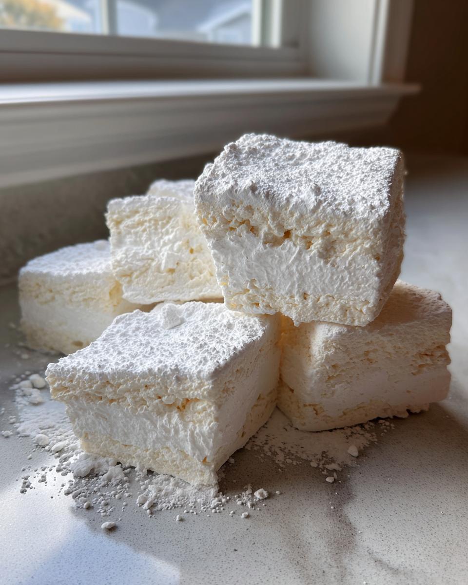 A stack of freshly cut, fluffy homemade marshmallows generously dusted with powdered sugar.