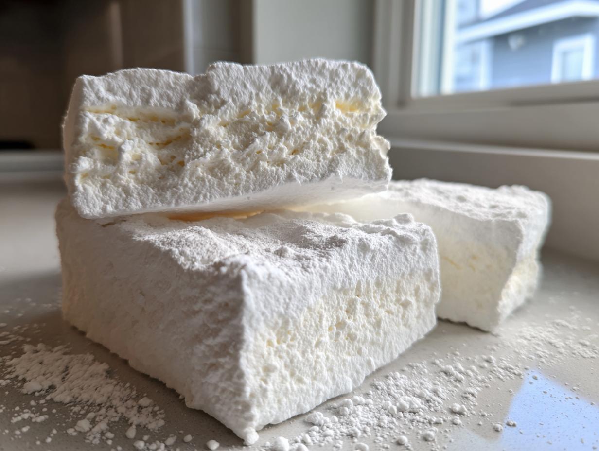 Close-up of three fluffy, square homemade marshmallows heavily dusted with powdered sugar.