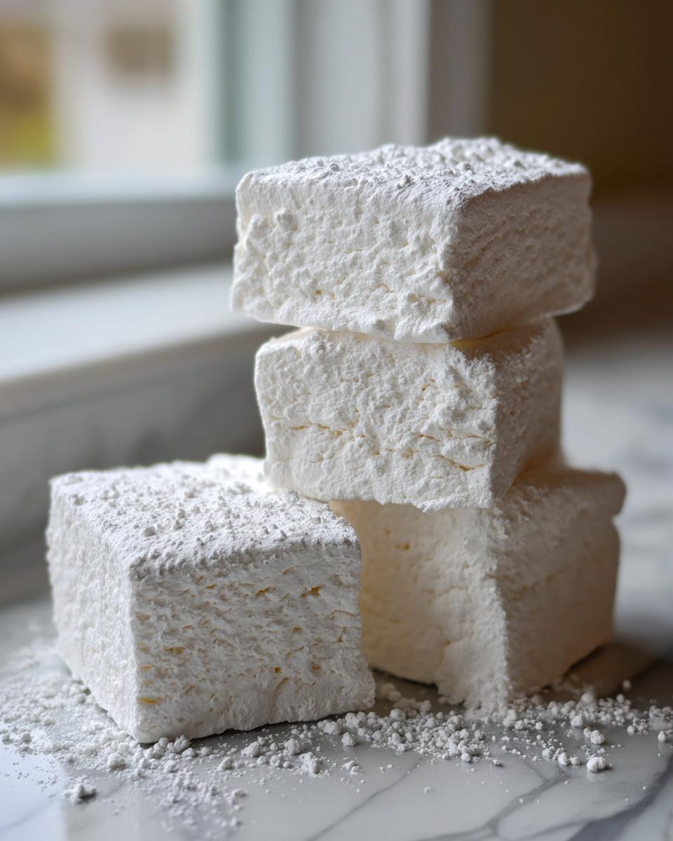 A stack of four large, fluffy homemade marshmallows dusted heavily with powdered sugar on a marble surface.
