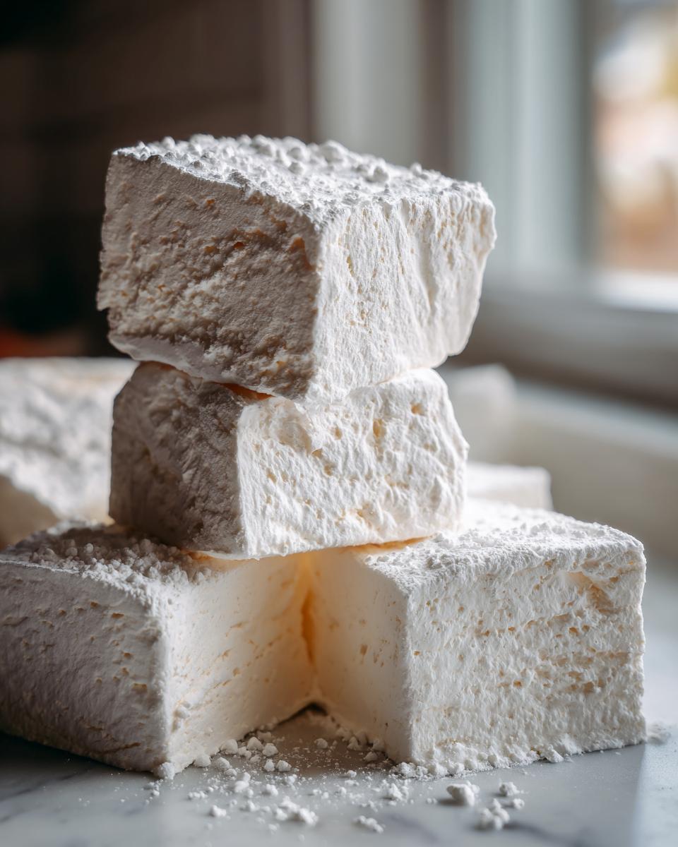 A stack of three large, square homemade marshmallows heavily dusted with powdered sugar.
