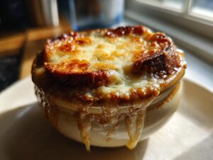 Close-up of a crock of french onion soup with a thick layer of melted, browned cheese and crouton dripping down the side.
