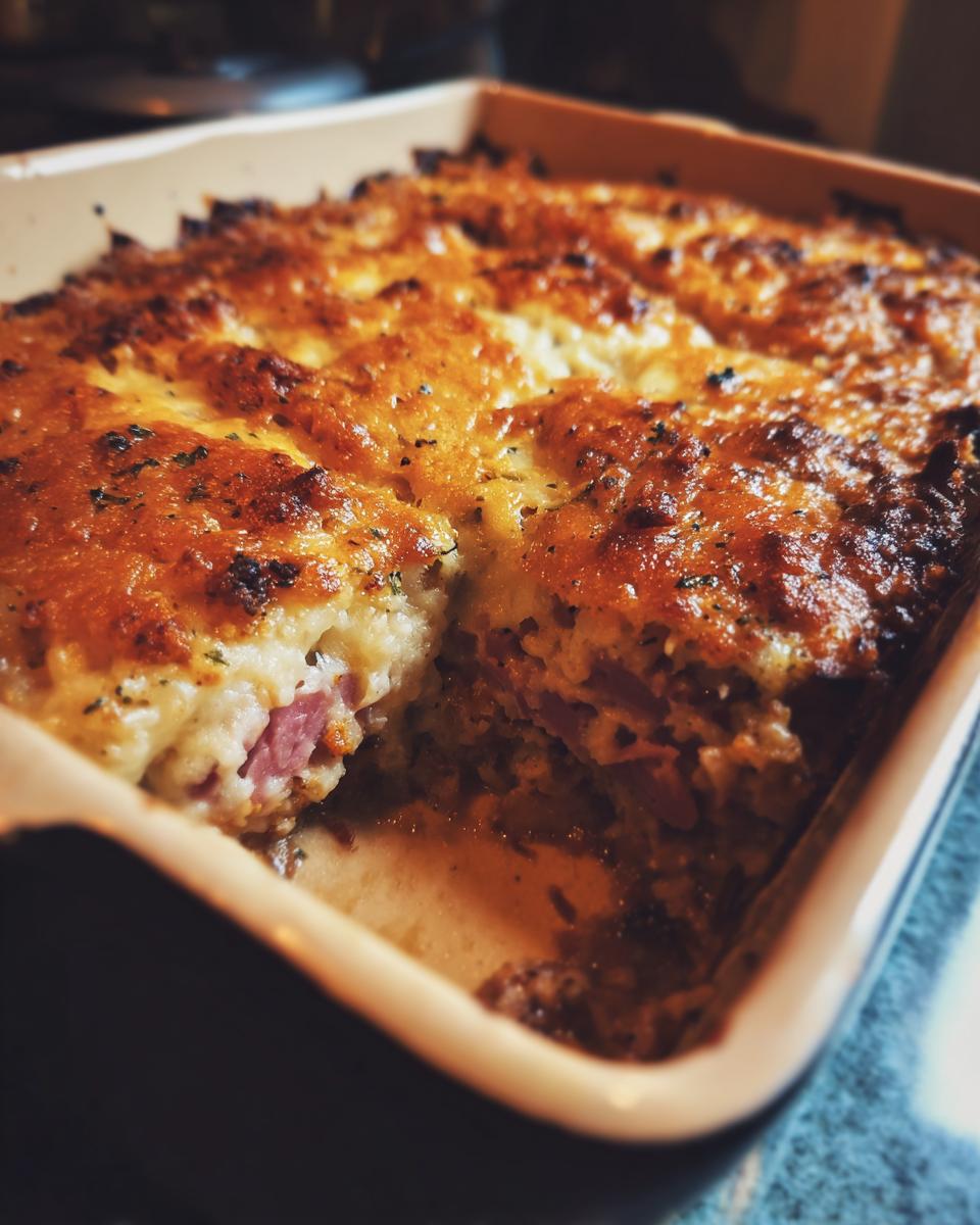 A close-up of a golden-brown, cheesy homemade reuben bake in a baking dish with one serving removed.