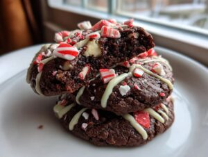 A stack of fudgy double chocolate peppermint cookies drizzled with white chocolate and topped with crushed candy canes.