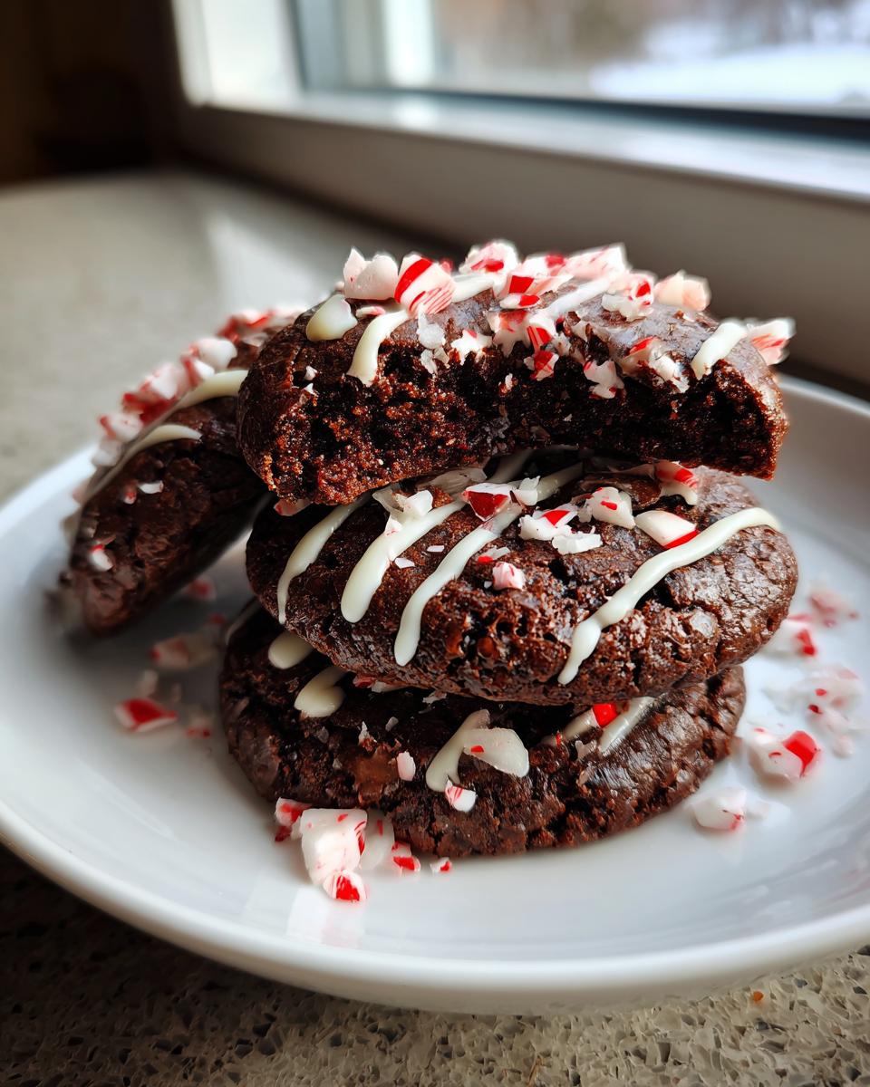 A stack of fudgy double chocolate peppermint cookies drizzled with white icing and topped with crushed candy canes.