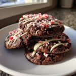 A stack of four fudgy double chocolate peppermint cookies drizzled with white chocolate and topped with crushed candy canes.