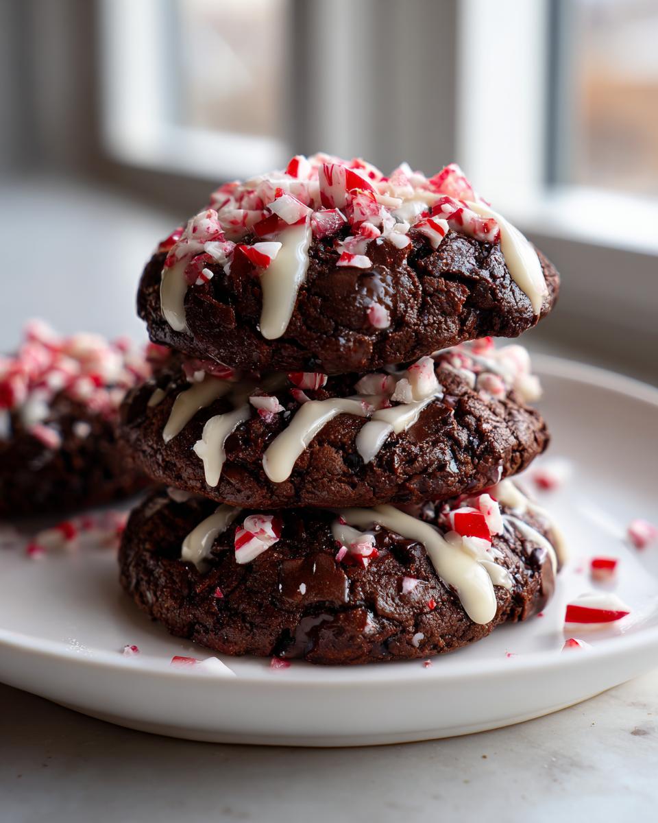 A stack of three fudgy double chocolate peppermint cookies drizzled with white icing and topped with crushed candy canes.