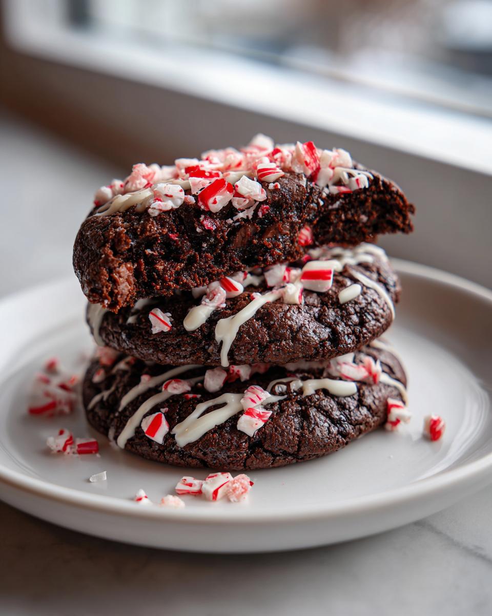 A stack of three fudgy double chocolate peppermint cookies drizzled with white icing and topped with crushed candy canes.