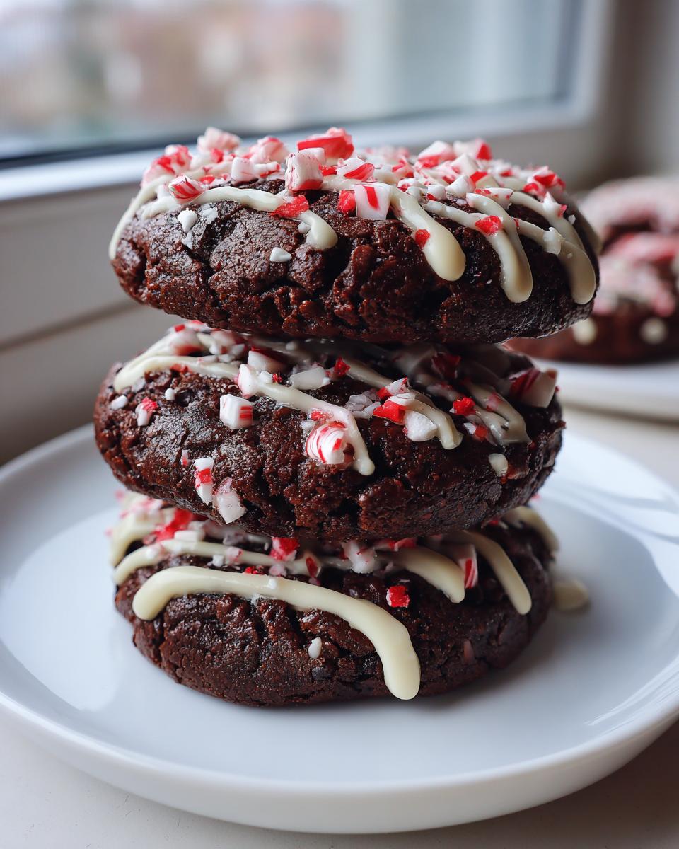 A stack of three fudgy double chocolate peppermint cookies drizzled with white chocolate and topped with crushed candy canes.
