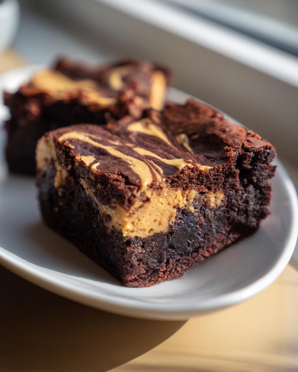 Close-up of a fudgy peanut butter swirl brownies square served on a white plate, showing the rich chocolate base and creamy swirl.