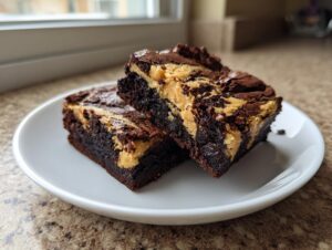 Two fudgy peanut butter swirl brownies stacked slightly on a white plate near a window.