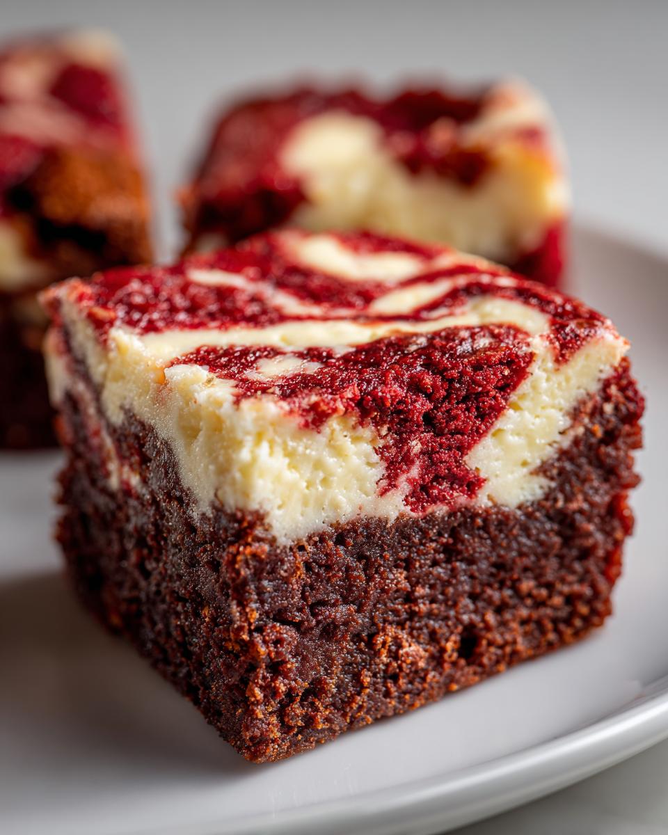 A close-up, focus shot of one fudgy red velvet cheesecake brownie square showing the dark brownie base and swirled cream cheese topping.