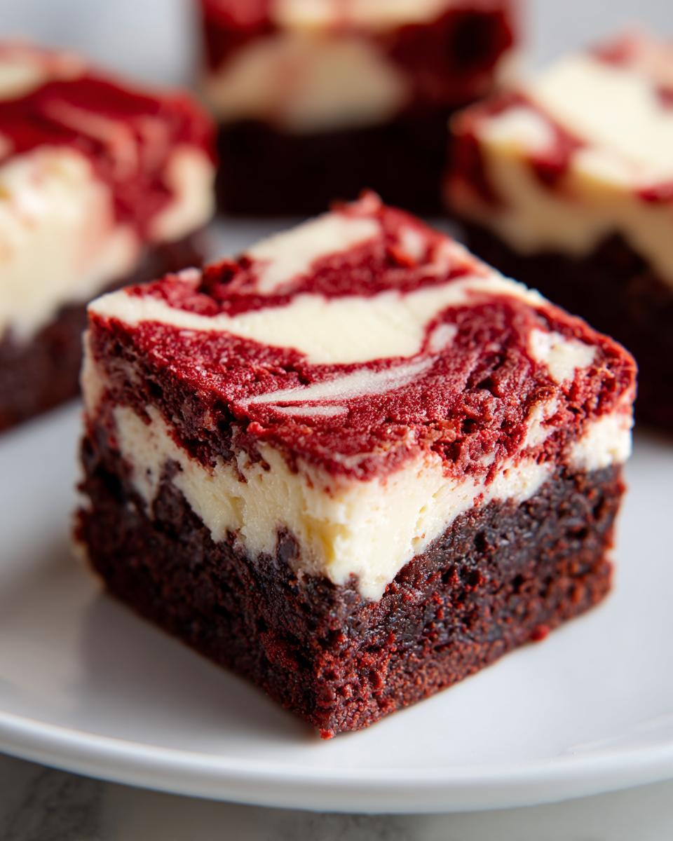 A close-up of a fudgy red velvet cheesecake brownie square with a rich red base and a creamy white cheesecake swirl topping.