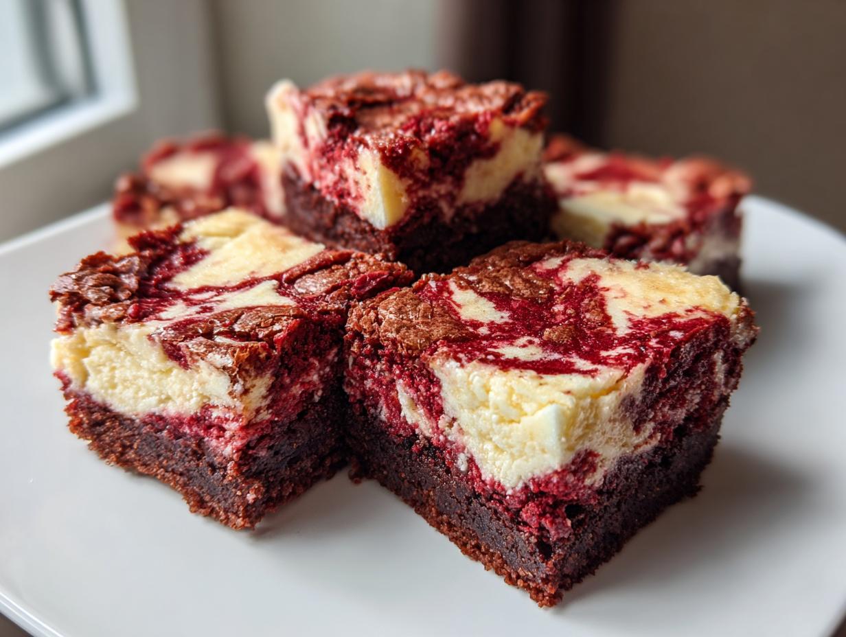 Close-up of several fudgy red velvet cheesecake brownies squares with rich red swirls over a creamy white layer on a white plate.