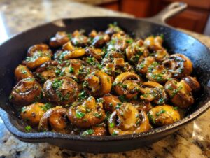 Close-up of whole, sautéed garlic butter mushrooms glistening in a black cast iron skillet, topped with fresh parsley.