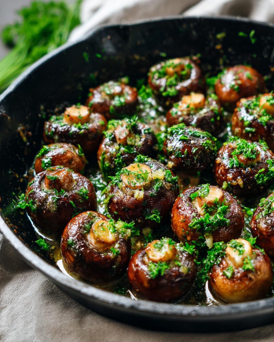 Close-up of whole, browned garlic butter mushrooms glistening in butter sauce and topped with fresh parsley.
