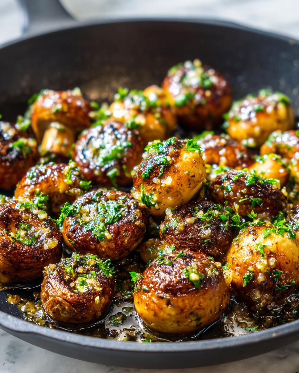 Close-up of whole, browned garlic butter mushrooms sizzling in a dark skillet, topped with fresh parsley.
