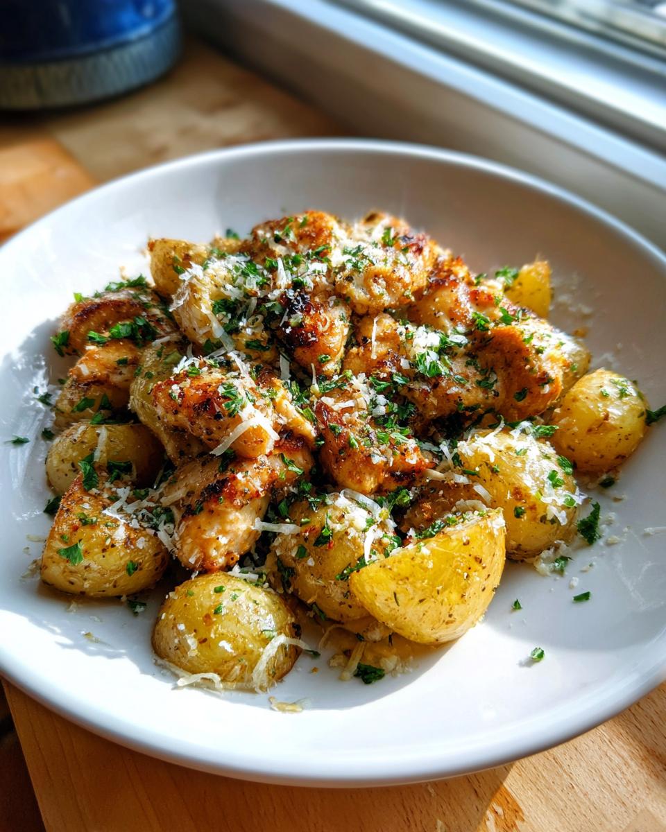 Close-up of golden roasted garlic parmesan chicken and potatoes topped with grated cheese and parsley.