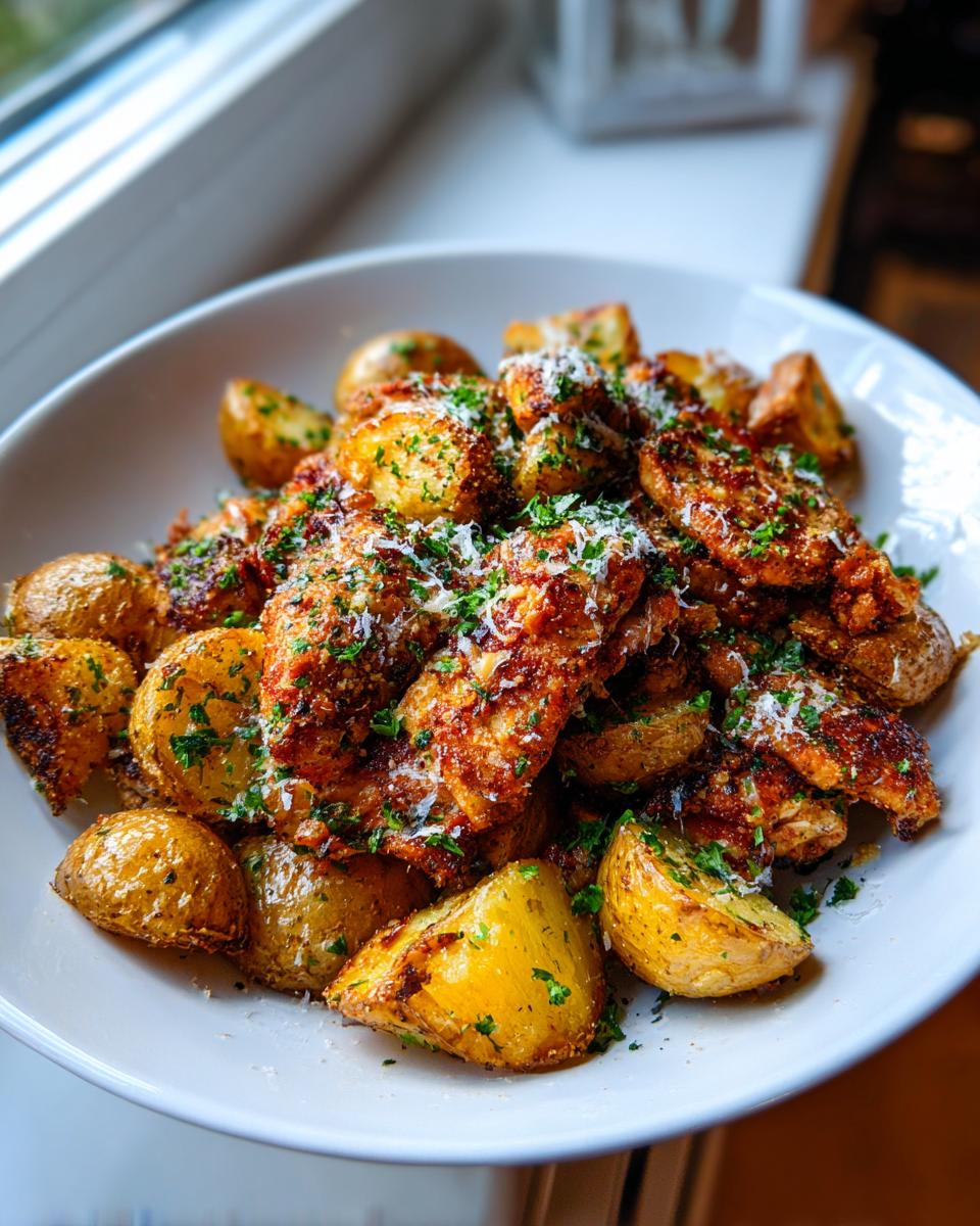 Golden roasted potatoes and seasoned chicken pieces topped with grated parmesan and parsley, a perfect garlic parmesan chicken and potatoes dish.