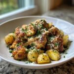 A white bowl filled with golden brown garlic parmesan chicken and roasted baby potatoes, topped with grated cheese and parsley.