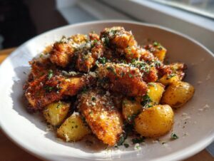 Golden brown pieces of garlic parmesan chicken and roasted potatoes topped with grated cheese and parsley.
