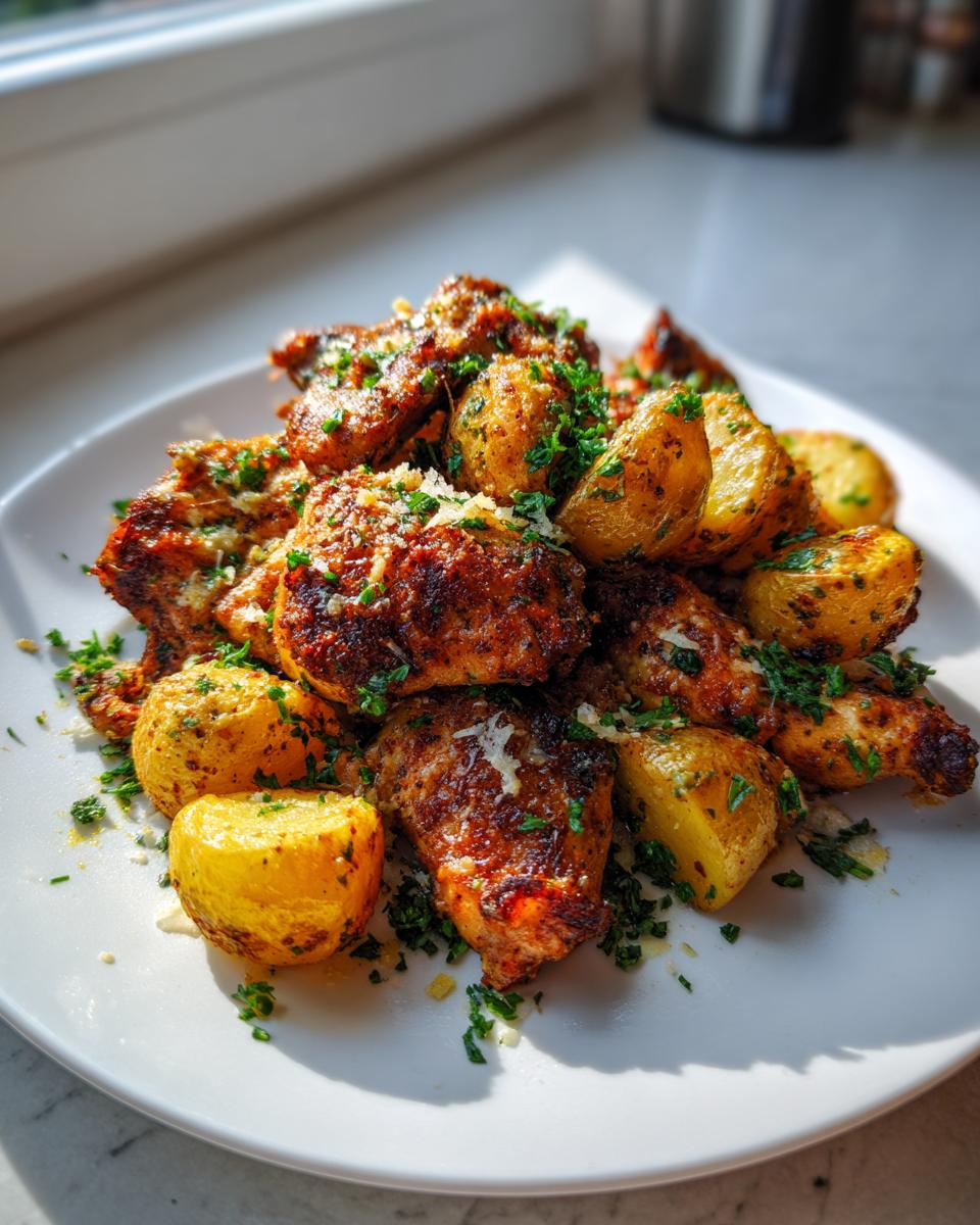 A plate piled high with golden roasted garlic parmesan chicken and potatoes, garnished with fresh parsley.