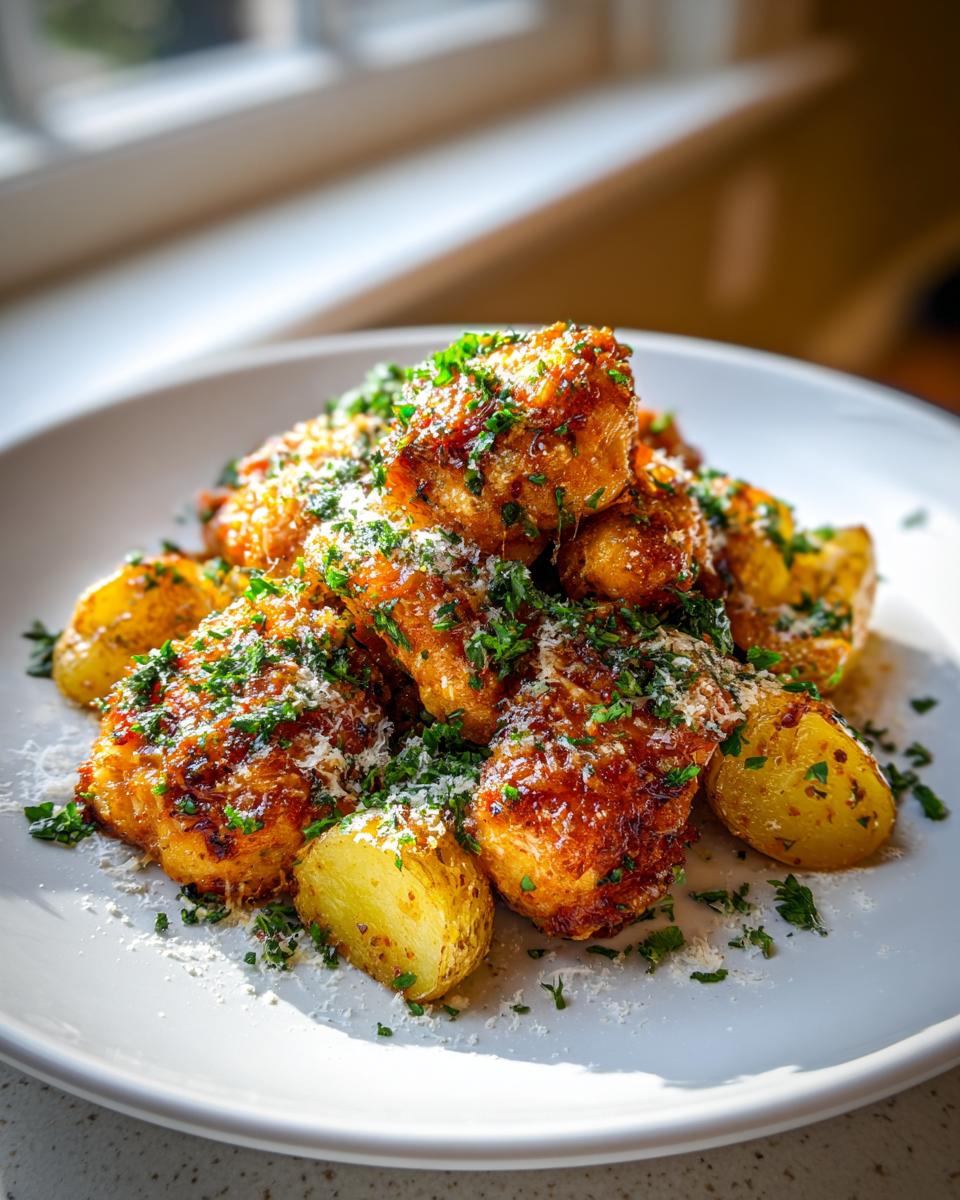 Golden brown garlic parmesan chicken and potatoes topped with grated cheese and fresh parsley.