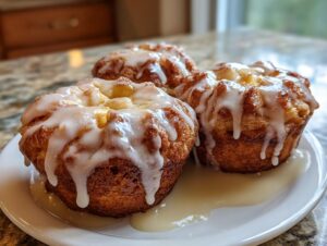 Close-up of three golden brown baked apple fritters drizzled heavily with white glaze, sitting on a white plate.
