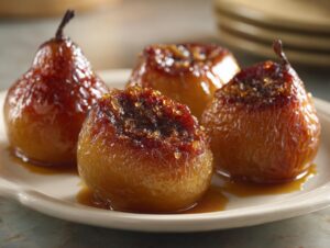 Four glistening, caramelized baked pears served on a light plate, featuring a sugary topping on the centers.