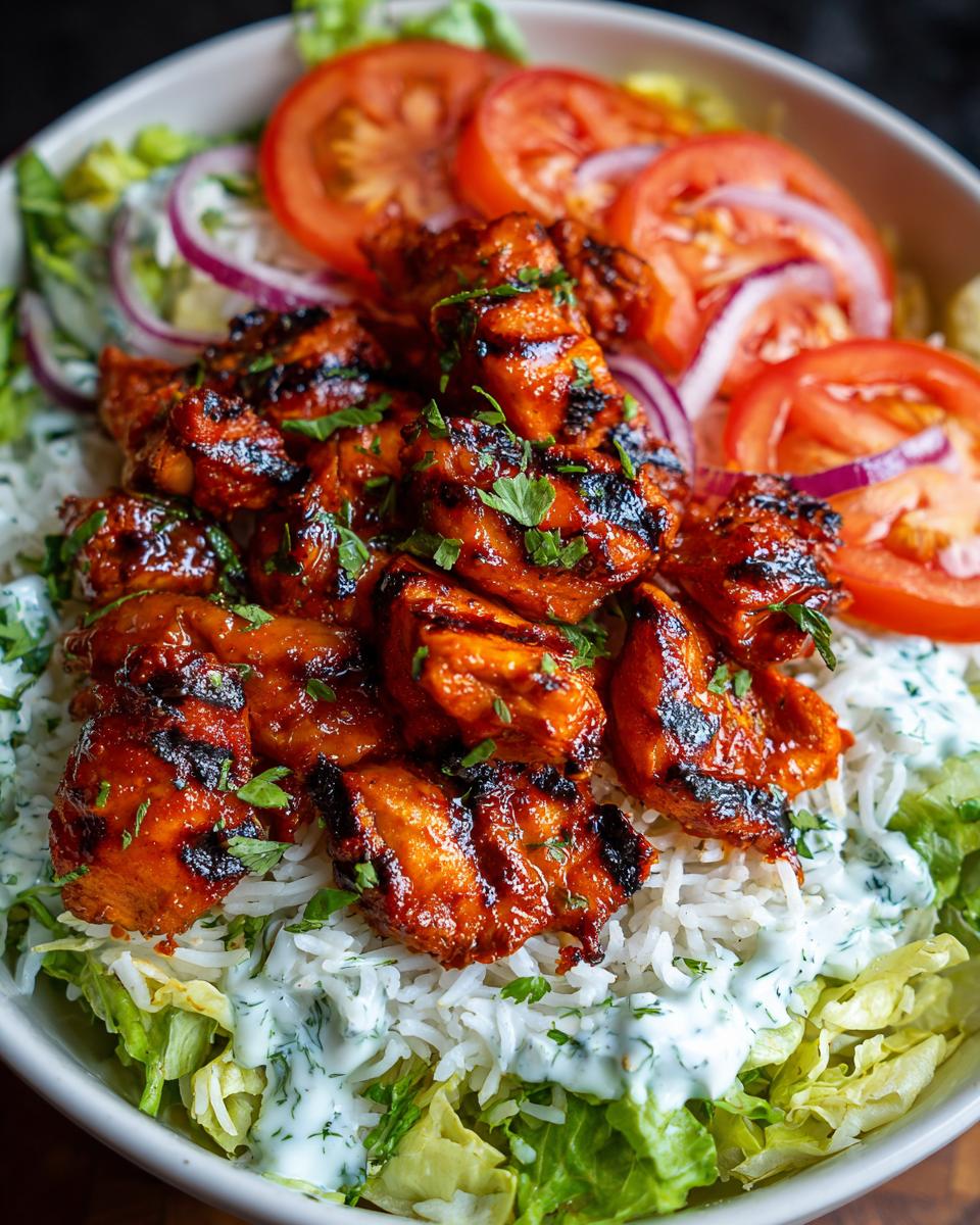 Close-up of a bowl featuring glazed, charred harissa chicken served over rice, lettuce, and topped with sliced tomatoes and red onion.
