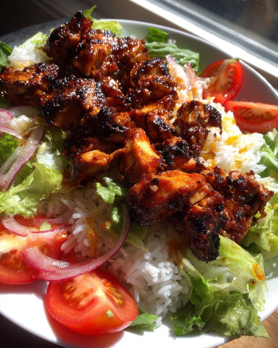 Close-up of glazed, charred harissa chicken pieces served over white rice, lettuce, tomatoes, and red onion slices.