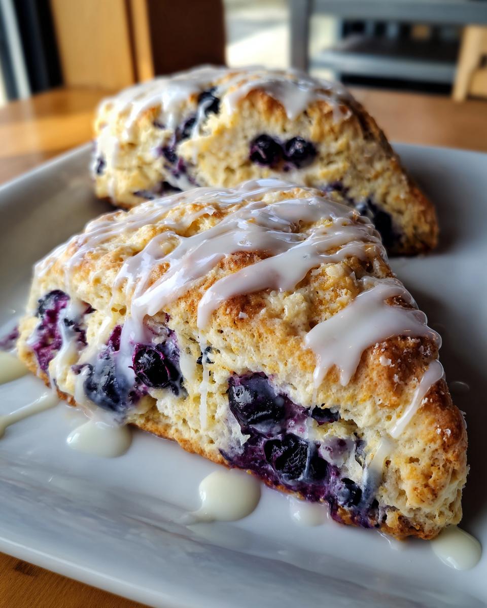 Close-up of two delicious lemon blueberry scones topped with white glaze on a white plate.